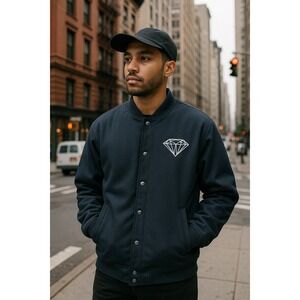 NEW Diamond Supply Co. Mens Large Bomber Jacket Letterman Style Navy Blue